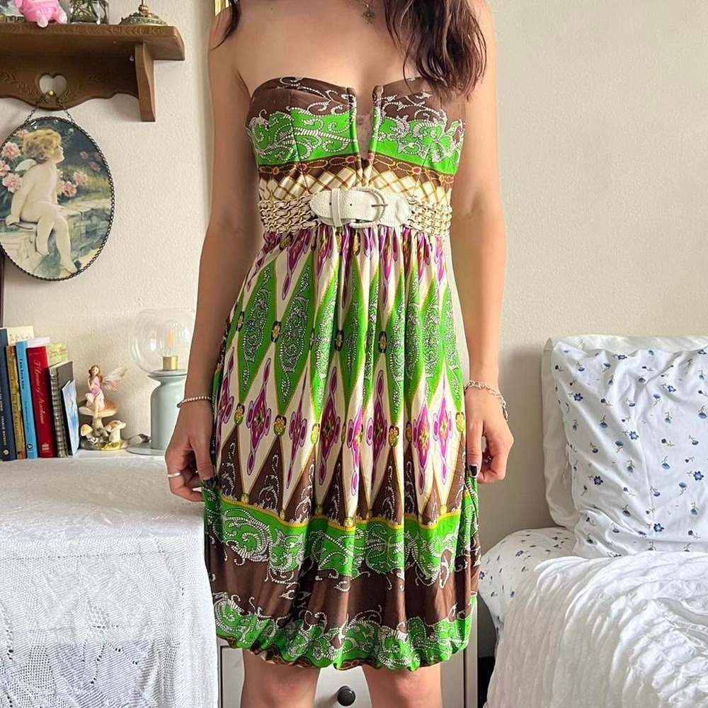 Sky Y2K Strapless Printed Mini Dress Brown Lime Green Boho Bubble Hem Small - Picture 4 of 5